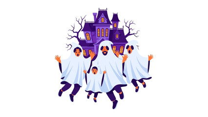 Spooky night: A Halloween scene filled with a playful haunted house background and adorable costumed figures.