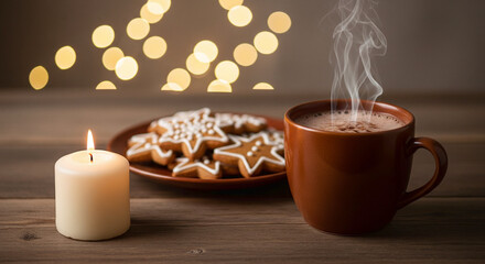 Cozy Winter Evening with Steaming Drink, Gingerbread Cookies, and Candle Light