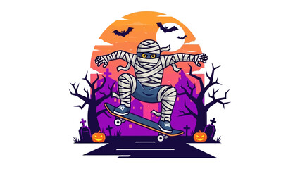 Mummy Skateboarding in Spooky Night: A mummy, wrapped in bandages, fearlessly shreds on a skateboard against a Halloween backdrop.