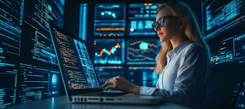 Woman Analyzes Coded Graphs and Technology Trends in Cybersecurity for Informed Decision-Making - Powered by Adobe