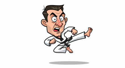 Cartoon character performing karate kick in action. Karate kick shows concentration and agility, white uniform and black belt indicate martial art proficiency.