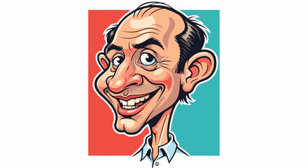Smiling cartoon man with large features and a happy expression. Cartoon man in illustration form shows exaggerated features and detailed linework, expressive emotion, and bright color palette.