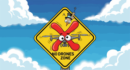 No drone zone depicted with a yellow sign, warning against flying drones in restricted area, and cartoon quadcopter. This no drone zone shows a prohibition of drone use in urban environments,