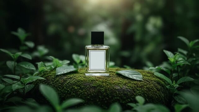 A perfume bottle with a blank label rests on a mossy stone surrounded by green leaves in a forest, suggesting a natural, organic fragrance with earthy and woody notes for beauty products