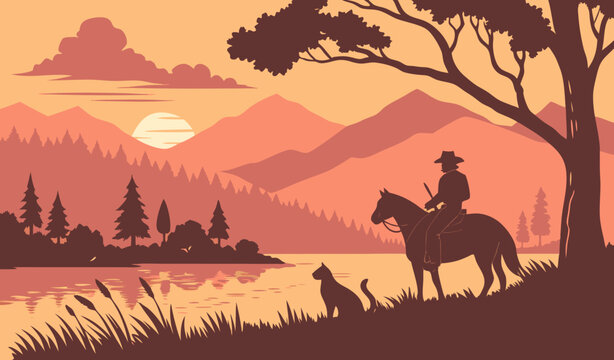 Silhouette of Cowboy on Horseback at Sunset by Lake with cato