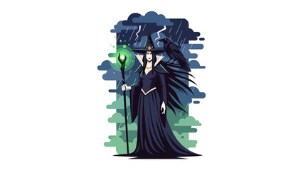 Mysterious Witch in the Storm: An illustration of a formidable witch, cloaked in dark attire and a pointed hat, standing amidst a storm, with a raven perched nearby and wielding a mystical staff.