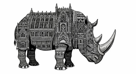 Naklejka premium Intricate rhino illustration crafted with architectural details displayed on white background. Rhino artwork includes high contrast, detailed linework,
