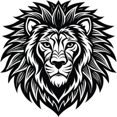 Obraz premium Majestic black and white tribal lion head illustration with intricate patterns and bold lines suitable for graphic design and branding projects