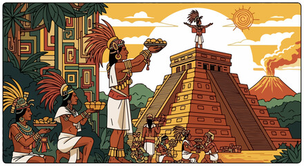 Mayan civilization illustration depicts historical Mayan civilization, showing people in traditional dress offering tributes on pyramids against backdrop of volcano.