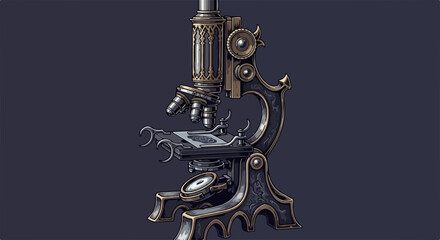 Steampunk microscope detailed ornamentation features intricate mechanical design and elaborate lenses, showcasing "steampunk microscope detailed ornamentation".