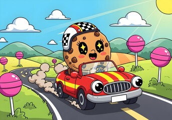 Kawaii Cookie Racer in a Candy Land Landscape