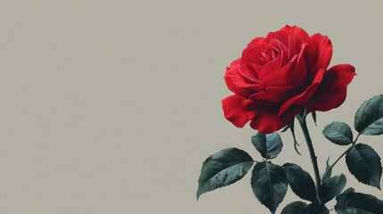 Beautiful red rose with lush green leaves against a neutral background, symbolizing love and passion.