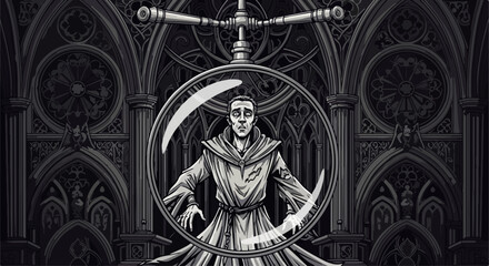 Ethereal monk in bubble, captured within gothic cathedral interior, evoking introspection. Monk in bubble suggests isolation and contemplation,