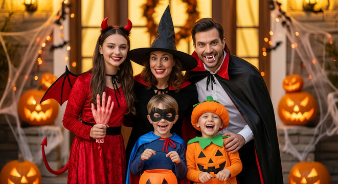 Family in Halloween costumes posing outdoors, illuminated pumpkins background.  Image depicts festive family fun and Halloween spirit.