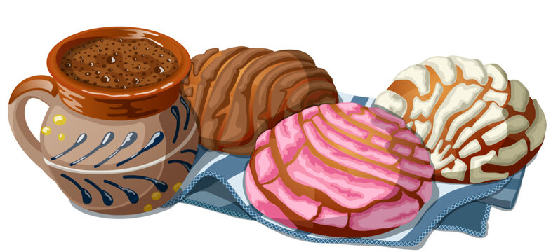 Concha Bread with Champurrado Mug - Traditional Mexican Pan Dulce Sweet Bread and Hot Chocolate Atole Illustration