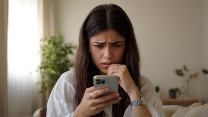 Sad woman, phone and crying with bad news, anxiety or stress in mental health or burnout at home. Face of emotional female person in fatigue, breakup or depression on mobile smartphone at the house