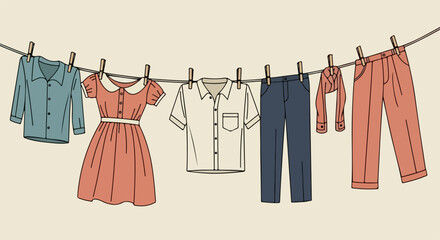 Clothesline with hanging garments. Clothing line features neatly hanging garments, shirt, dress, trousers, drying gently in breeze. Depicts classic clothesline setup, evokes sense of nostalgia,