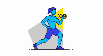 Dumbbell workout with blue and yellow accents showing muscular woman performing lunge. Dumbbell workout emphasizes strength and fitness, portraying dedicated athlete in action.