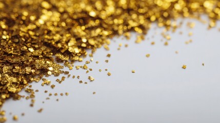 Close-up of shimmering gold glitter on a smooth white surface, creating a luxurious and festive atmosphere.