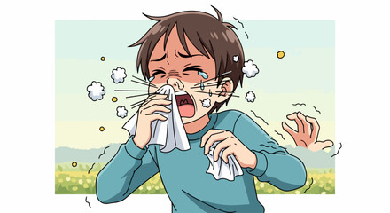 Child with allergies suffering from seasonal allergy attack, holding tissue to nose because of alergia estacional.