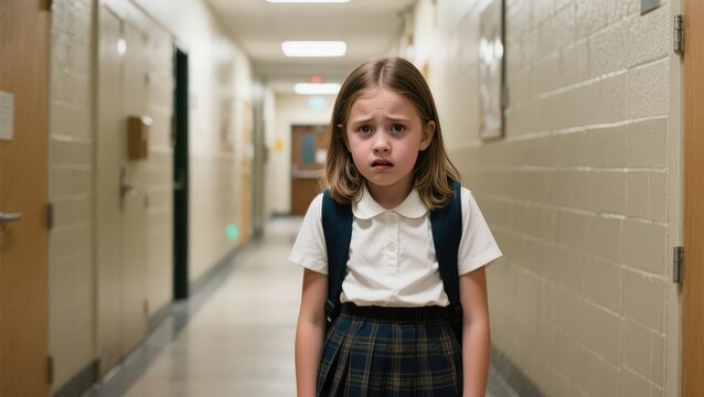 School girl with red hair in corridor with backpack, smiling at camera - Powered by Adobe