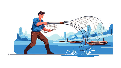  Fisherman Casting Net: A vector illustration showcases a fisherman skillfully casting his fishing net. The image is a celebration of the art and patience of fishing in a serene environment.