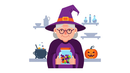 Enchanting Halloween Sorceress: A kindly sorceress, adorned in her classic witch attire, extends a jar filled with enchanted delights. Alongside.