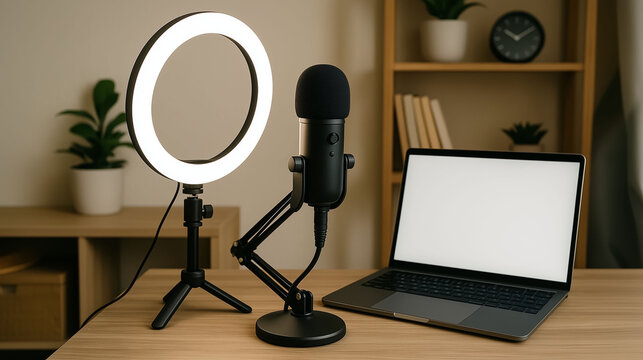 podcast recording setup with laptop microphone and ring light on wooden desk in home studio workspace showing modern equipment for content creation and online broadcasting - Powered by Adobe