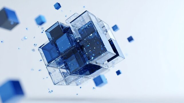Abstract blue geometric cubes forming a complex structure with floating particles