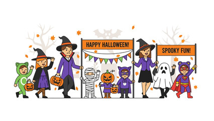 Halloween Gathering: A lively illustration of children in vibrant costumes, eagerly celebrating Halloween, decorated with banners and festive ambiance. 