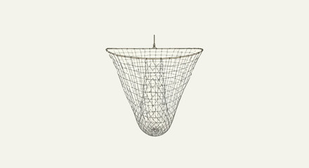 Simple wire basket against off-white background. Minimalist wire basket hanging from thin cord is centered against a smooth background. Commercial concept with wire basket as home decor.