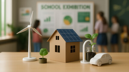renewable energy school exhibition with solar panel model wind turbine eco friendly car and plant on desk while children present sustainability projects in classroom background