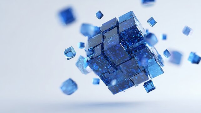 Abstract blue cubic structure with floating blocks in a digital space
