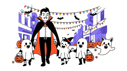 Halloween Delight: A spirited illustration depicts a vampire and a joyful group of trick-or-treaters, including ghosts and a witch, parading along a street illuminated by festive string lights. 
