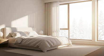 Fototapeta premium Minimalist Bedroom with Snowy Forest View