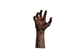 A zombie hand reaching up is isolated on transparent background, covered in dirt and blood