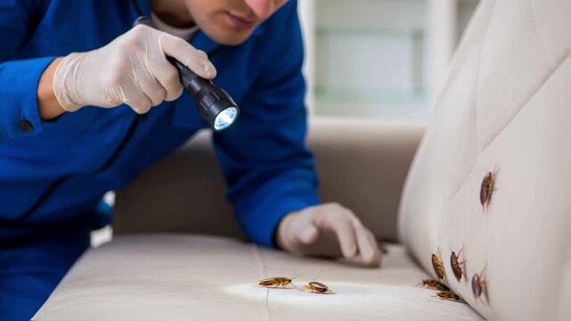 A pest control specialist in a uniform and gloves uses a flashlight to inspect a sofa infested with cockroaches, representing professional extermination services and household problems