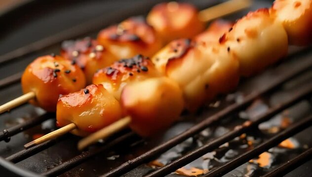 Close up of charred yakitori pieces with visible grill marks and sesame seed sprinkle 
