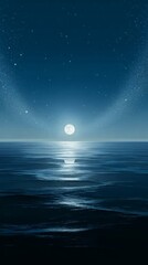 Moonlit ocean under a starry night sky with calm waters reflecting the full moon