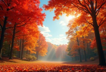 Vibrant Autumn Leaves Colorful Canopy Nature Scenic Beauty Brilliant Foliage Blue Sky Outdoor Serenity