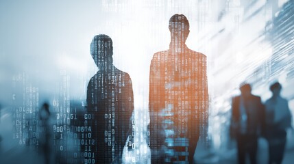 Double exposure business team silhouettes with binary code and motion blur, digital transformation concept