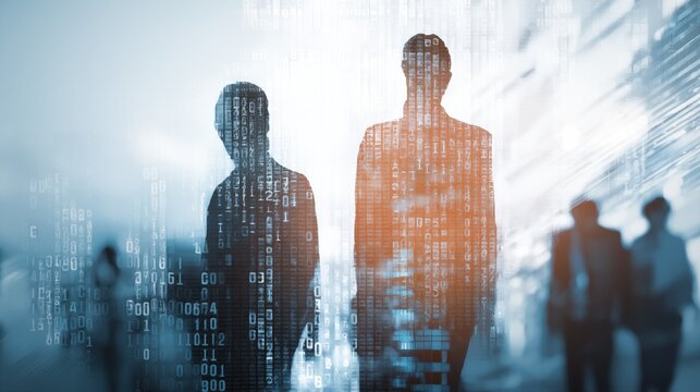 Double exposure business team silhouettes with binary code and motion blur, digital transformation concept - Powered by Adobe