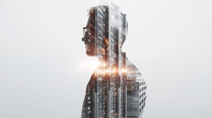 Double exposure male profile with data center server racks and sunrise flare, cloud computing and cybersecurity concept