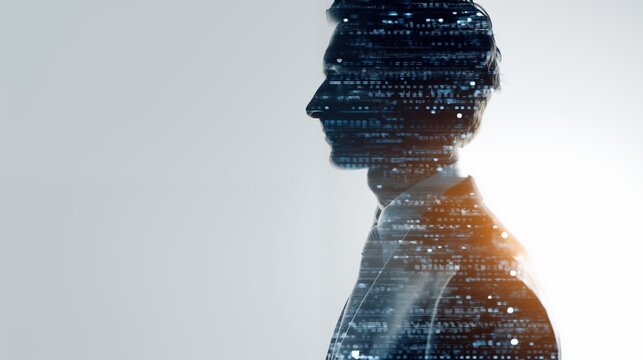 Double exposure businessman profile with binary code and digital data, technology and innovation concept