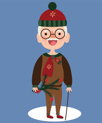 Holiday Illustration with Grandfather Wearing a Sweater, Hat, and Holding a Branch Ball