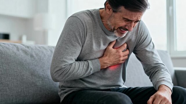 A mature man sitting on a sofa at home suddenly experiences sharp chest pain, clutching his heart with a red glow indicating a heart attack or cardiovascular disease