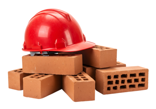 Red construction helmet on a pile of bricks isolated on transparent background