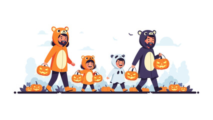 Halloween Costume Parade: A cheerful family, costumed as bears and a panda, embarks on a joyful trick-or-treat adventure, each carrying a festive jack-o'-lantern, painted by imagination