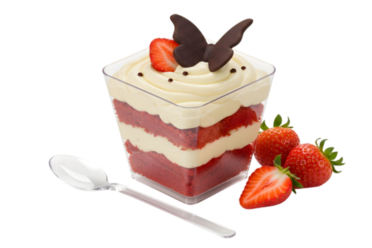 Red velvet dessert in a clear cup with strawberries isolated on transparent background