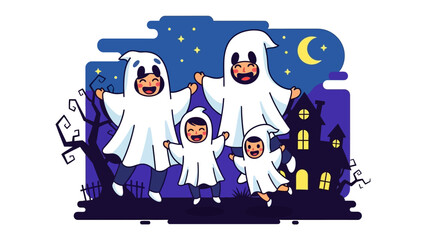 Spooky Family on Halloween Night: A family dressed as friendly ghosts gathers under a starry sky. Celebrating Halloween, an illustration depicting a haunted house, evokes spooky family joy.